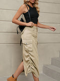 A-Line Buttoned Drawstring Pockets Solid Color Split-Side Skirts Bottoms