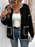 Black Long Sleeve Contrast Color Pocket Cardigan Tops
