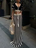 Sexy V-neck Hollow Striped Knitted Long Skirt Suit