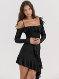 Sexy Strap One Line Neck Double Layer Long Sleeve Dress Women’s Slim Fit Ruffles Irregular Mini Dress Sweet Party Club