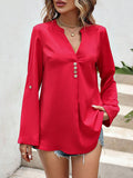 Loose Fit V-Neck Blouses with Button Detail in Red