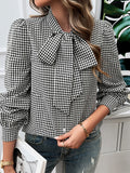 Long Sleeves Loose Buttoned Plaid Mock Neck Blouse