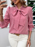 Long Sleeves Loose Buttoned Plaid Mock Neck Blouse