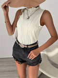 Loose Sleeveless Solid Color Mock Neck Vest Top in White