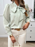 Long Sleeves Loose Buttoned Plaid Mock Neck Blouse