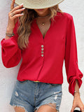 Loose Fit V-Neck Blouses with Button Detail in Red