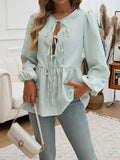 Long Sleeve Loose Elastic Striped Tie Round-Neck Blouse