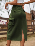 A-Line Buttoned Drawstring Pockets Solid Color Split-Joint Skirts Bottoms
