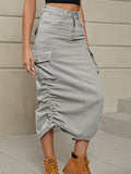 A-Line Buttoned Drawstring Pockets Solid Color Split-Side Skirts Bottoms