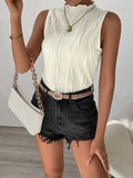 Loose Sleeveless Solid Color Mock Neck Vest Top in White