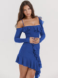 Sexy Strap One Line Neck Double Layer Long Sleeve Dress Women’s Slim Fit Ruffles Irregular Mini Dress Sweet Party Club
