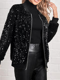 Loose Sequined Solid Color Round-Neck Long Sleeve Jacket