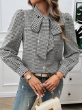 Long Sleeves Loose Buttoned Plaid Mock Neck Blouse