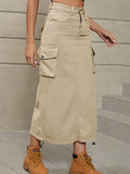 A-Line Buttoned Drawstring Pockets Solid Color Split-Side Skirts Bottoms