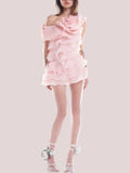 3D Floral Applique Ruffled Mini Dress in Pink