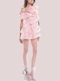 3D Floral Applique Ruffled Mini Dress in Pink