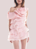3D Floral Applique Ruffled Mini Dress in Pink