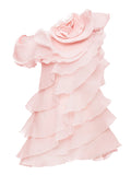 3D Floral Applique Ruffled Mini Dress in Pink