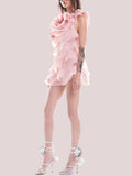 3D Floral Applique Ruffled Mini Dress in Pink