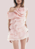 3D Floral Applique Ruffled Mini Dress in Pink