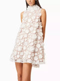 3D Floral High Neck Trapeze Mini Dress