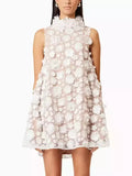 3D Floral High Neck Trapeze Mini Dress