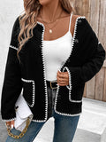 Black Long Sleeve Contrast Color Pocket Cardigan Tops