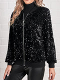 Loose Sequined Solid Color Round-Neck Long Sleeve Jacket