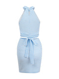 Dopasowany komplet bez rękawów w paski z wiązaniem w talii i kamizelką halter