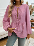 Long Sleeve Loose Elastic Striped Tie Round-Neck Blouse