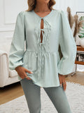 Long Sleeve Loose Elastic Striped Tie Round-Neck Blouse