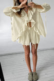 Casual Daily Lace Up Ruffle V Neck Long Sleeve Two Pieces
