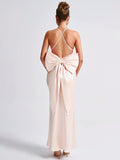 Bow Backless Sexy Maxi Dress For Women Satin Spaghetti Strap V Neck Sleeveless Sexy Club Party Long Dress Elegant