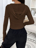 Hooded Long Sleeve Hollow Solid Color V-Neck T-Shirt