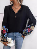 Loose Puff Sleeves Flower-Embellished V-Neck Blouse