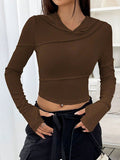 Hooded Long Sleeve Hollow Solid Color V-Neck T-Shirt