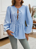 Long Sleeve Loose Elastic Striped Tie Round-Neck Blouse