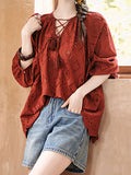 Long Sleeves Loose Hollow Pleated V-Neck Blouse Tops