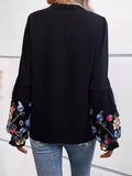 Loose Puff Sleeves Flower-Embellished V-Neck Blouse
