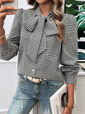 Long Sleeves Loose Buttoned Plaid Mock Neck Blouse