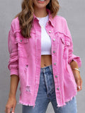 2025 Holes Raw-edges Denim Jacket Women Spring Autumn Shirt Style Jeancoat Casual Top Rose-Red Orange Purple Outerwear Lady Coat