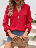 Loose Fit V-Neck Blouses with Button Detail in Red