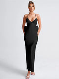 Bow Backless Sexy Maxi Dress For Women Satin Spaghetti Strap V Neck Sleeveless Sexy Club Party Long Dress Elegant
