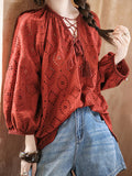 Long Sleeves Loose Hollow Pleated V-Neck Blouse Tops