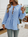 Long Sleeve Loose Elastic Striped Tie Round-Neck Blouse