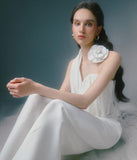 Fresh and Elegant Shirt - 2025 Autumn/Winter New Arrival, Floral Appliqué Ruffled Halter Neck Slimming Blouse for Women Mini Dress