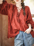 Long Sleeves Loose Hollow Pleated V-Neck Blouse Tops