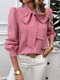 Long Sleeves Loose Buttoned Plaid Mock Neck Blouse