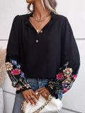 Loose Puff Sleeves Flower-Embellished V-Neck Blouse