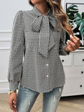 Long Sleeves Loose Buttoned Plaid Mock Neck Blouse